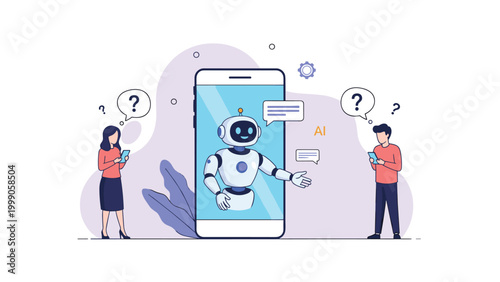 Virtual assistant and ai chatbot communication concept showing man and woman using mobile devices to talk to robot on giant smartphone screen.