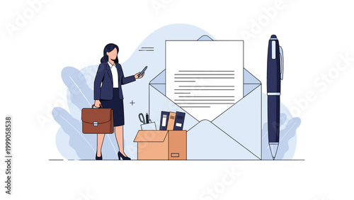 Professional job resignation or termination concept featuring businesswoman with briefcase and box of personal belongings next to letter.