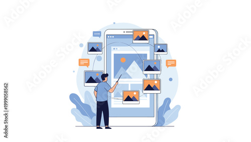 Mobile photography and content management concept showing man using smartphone to organize and edit gallery of beautiful landscape photos.