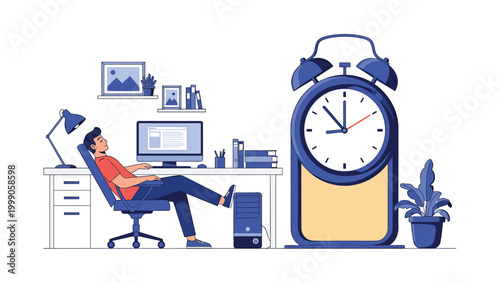 Workplace procrastination and fatigue concept showing man sleeping at office desk next to giant alarm clock during his working hours.