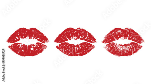 Romance themed decorative elements set in a vintage line style, red lipstick marks, sensual mouth shapes, and kiss prints