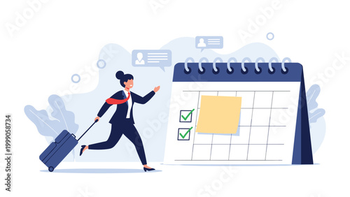 Businesswoman rushes with a suitcase toward a giant calendar with checkmarks representing tight deadlines and important business travel.