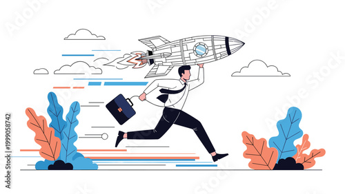 Ambitious businessman runs fast while carrying a rocket symbolizing rapid career growth and innovative start-up success in a competitive market.