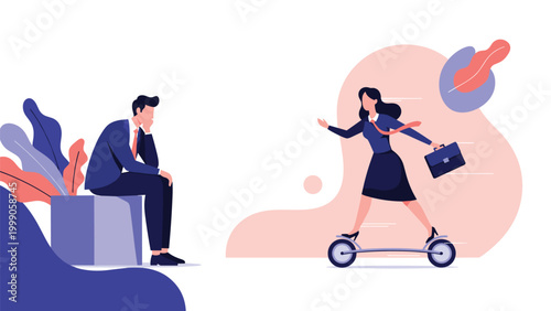 Stressed businessman looks on as a female colleague speeds past on an electric scooter representing modern efficiency and fast career growth.
