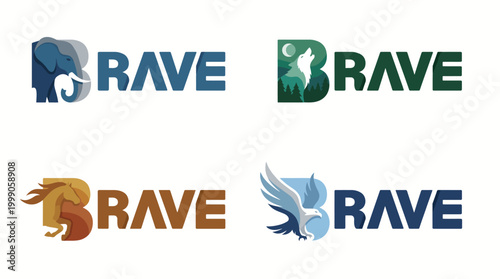 This image showcases multiple branding variations of the word 'Brave,' incorporating animal imagery to highlight courage and strength across diverse styles.