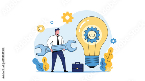 Professional technician holds a giant wrench next to a large lightbulb with gears inside representing innovation and technical problem solving.