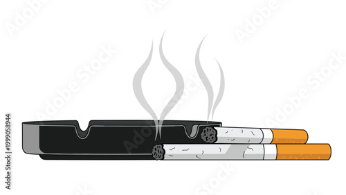 Pair of lit cigarettes resting in an ashtray with thin wisps of smoke rising upward in a minimalist style illustrating an unhealthy habit.