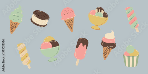 Cute hand drawn illustration featuring ice cream, popsicles, and sweet desserts in soft pastel colors. Minimal modern style
