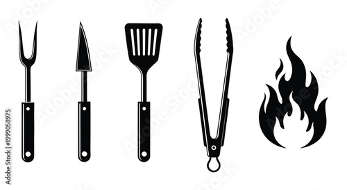 Black and white grill tools and flames illustration