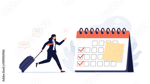 Businesswoman runs with a suitcase toward a large calendar with red checkmarks for planned trips and important professional meetings.