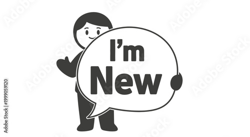 Minimalist vector illustration of a friendly character holding a speech bubble with the text "I'm New". Concept of a newcomer, welcome, or beginning.
