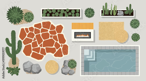 Top view landscape design elements, garden and patio set, vector illustration