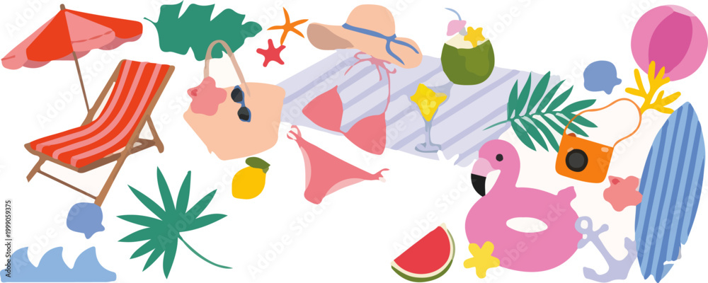 Fototapeta premium Summer beach doodle vector set with deck chair, bikini, flamingo float, surfboard, camera, umbrella, tropical leaves and vacation accessories. Hand drawn summer illustration for poster and banner.