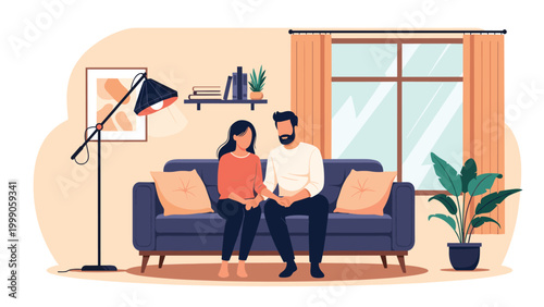 Young couple sits together on a comfortable sofa in a cozy living room with plants and a stylish lamp at home in a peaceful atmosphere.