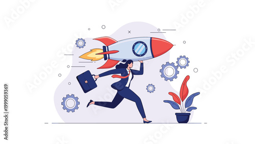 Energetic businesswoman runs with a rocket and a briefcase symbolizing rapid business growth and innovation in a competitive environment.