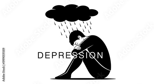 Depression concept illustration with man sitting under a dark rain cloud.