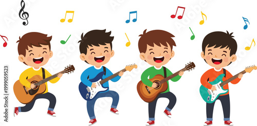 Happy boys playing guitars cartoon vector illustration kids music performance children with instruments and musical fun design