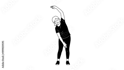 Senior woman doing side stretch exercise vector illustration. Active grandmother stretching in standing position. Minimalist line art of elderly fitness.
