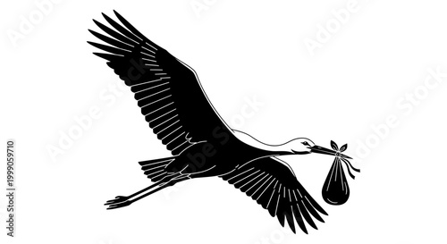 Stork flying and carrying a newborn baby bundle in its beak, black and white silhouette vector illustration.