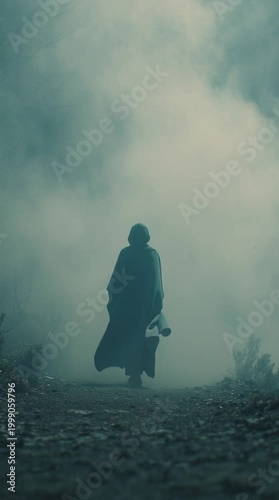 Lonely figure walking into dense fog, cloak billowing in the wind, desaturated colors, cinematic framing, slow motion, creating an emotional, atmospheric, and loopable scene.