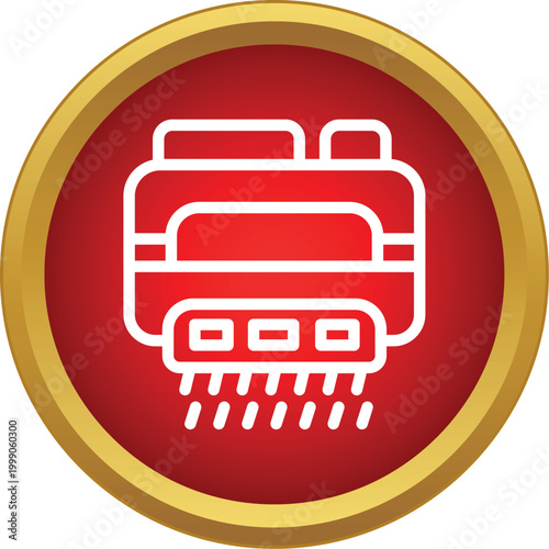Outline icon of a combine harvester working in a red and gold circle