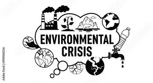 Environmental crisis infographic with global warming, pollution, and water scarcity icons.