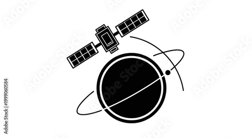 Satellite orbiting planet Earth vector illustration, global telecommunication and GPS technology concept.
