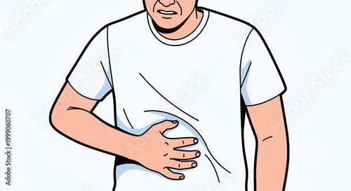 Man suffering from stomach ache or abdominal pain, vector illustration.
