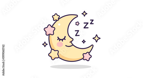 Smiling crescent moon with stars sleeping.