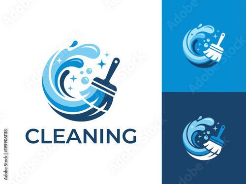 This striking logo features a broom amidst splashes of water, symbolizing cleanliness and freshness, ideal for cleaning services and related businesses.