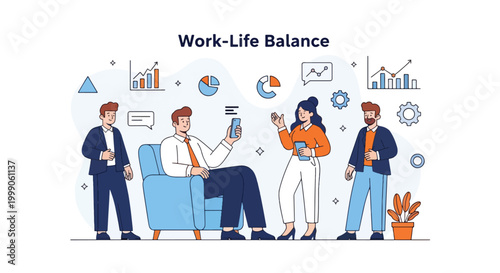 Illustration of four diverse professionals discussing work-life balance with graphs and charts on a white background.