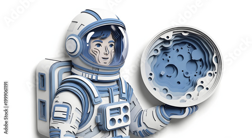 Paper cut astronaut holding moon model in space-themed design