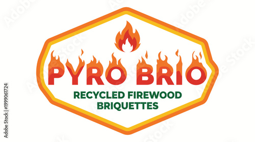 This image presents a bold logo for Pyro Brio, incorporating flames and earthy colors, promoting recycled firewood briquettes, appealing to eco-conscious consumers.