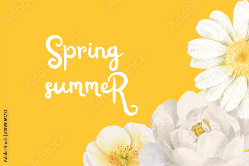 Spring floral in watercolor vector background. Luxury wallpaper design with pink flowers, line art, golden texture.
