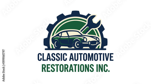A vintage-inspired logo for classic automotive restorations featuring a classic car and mechanical tools, representing passion and craftsmanship in car restoration.