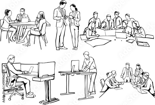 Modern Office Environment Featuring Business Teams Collaborating and Individuals Working on Laptops