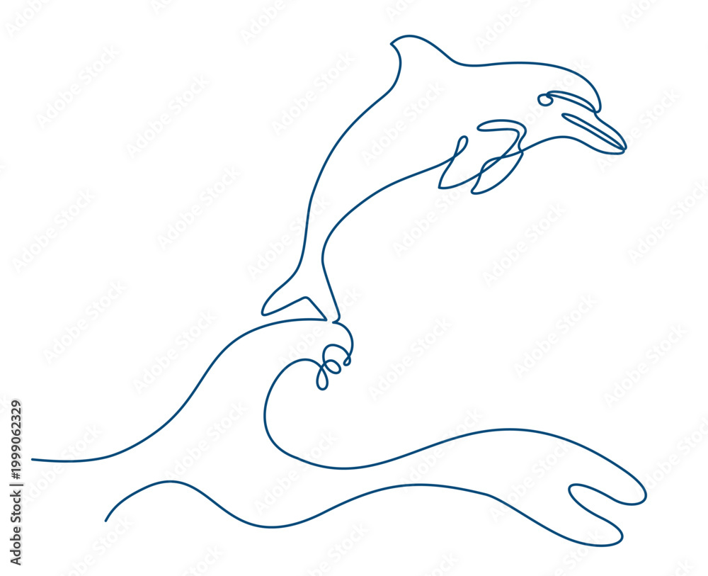 Obraz premium Continuous one line drawing of dolphin jumping over the wave. Hand drawn illustration of a cute dolphin. One single line drawing of dolphin for company logo identity, circus icon