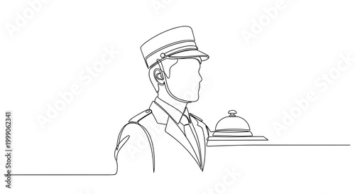 Hotel bellboy with service bell in minimalist line style