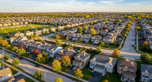 Aerial view of suburban residential homes and green spaces in a community