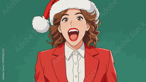 Surprised Christmas Woman in Red Suit and Santa Hat