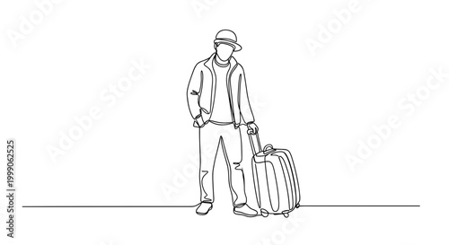 Hotel guest standing with suitcase in minimalist line style