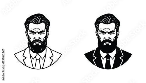Serious businessman portrait icon set in outline and solid black vector style for corporate identity professional avatar and business leadership branding or management software user profile