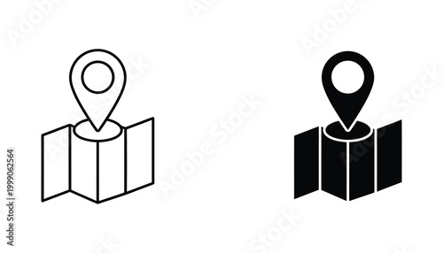 Map with location pin icon set in outline and solid black vector style for travel planning navigation apps and geographic search interfaces representing destination finding and wayfinding