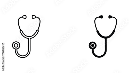 Stethoscope medical diagnostic tool vector icon set in outline and solid black styles for healthcare and clinical interface design