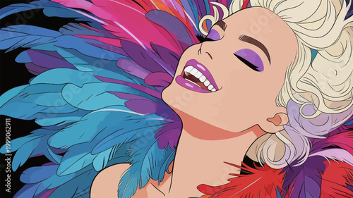Glamorous Cabaret Performer with Colorful Feather Plumage
