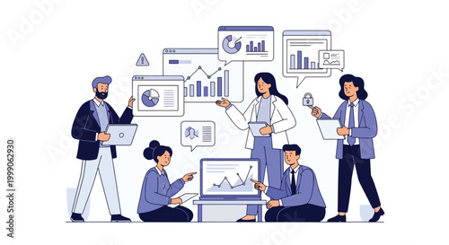 Flat illustration of a diverse team collaborating with laptops and analyzing data in a modern office setting with a