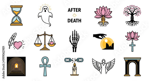 Icons representing afterlife concepts explore mortality and spiritual.