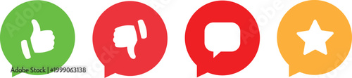Colorful speech bubbles with thumbs up thumbs down chat and star icons for feedback and rating on white background