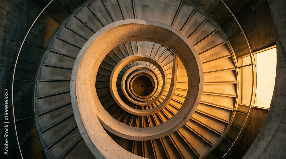 Fototapeta premium Concrete spiral staircase descends into darkness with warm light illuminating.