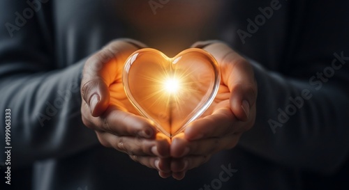 Person holding a glowing glass heart in hands representing love and care